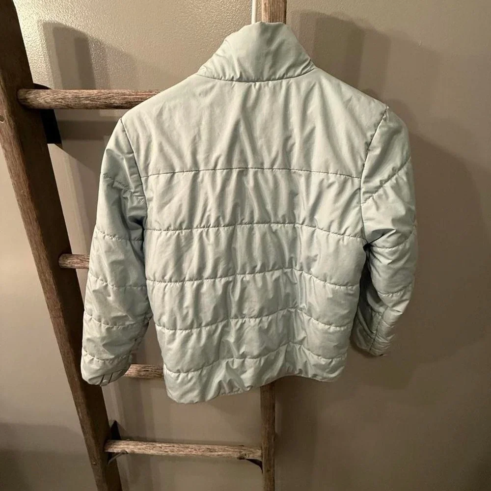 The North Face mint puffer jacket 10, M, some wear on sleeve, shown in photos,